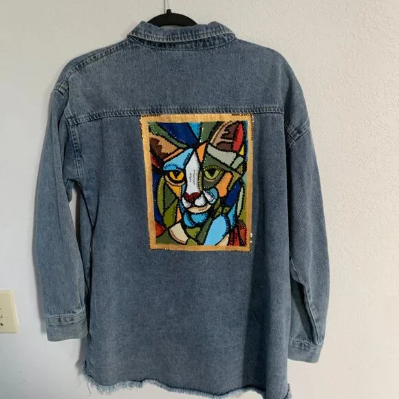 Hand Painted One Of A Kind, Bedazzled, Up-Cycled Denim Jacket Geometric Cat Face - Picture 8 of 11